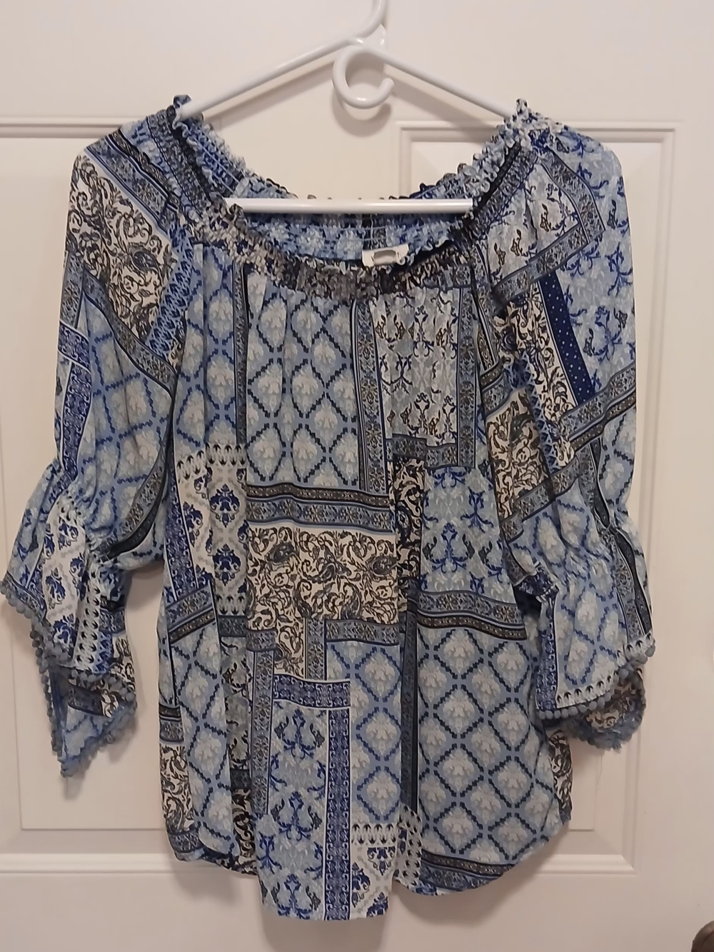 Westport Blue & White Patchwork Boho Peasant Blouse 3/4 Length Sleeve Women Sz L